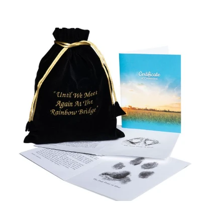 Cremation certificate, paw and nose impressions, and remembrance materials